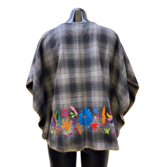 Sister Mary Embroidered Cape Gray Plaid With Multicolor Floral Design M - Picture 2 of 6
